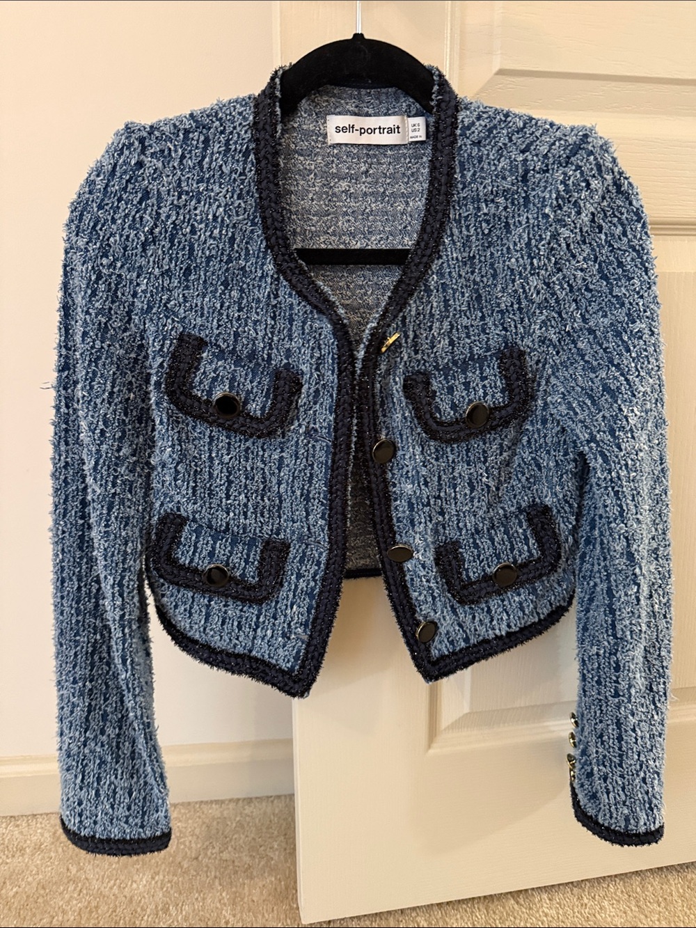 Self-Portrait Light Blue Bouclé Cropped Blazer with Navy Trim Sz 2